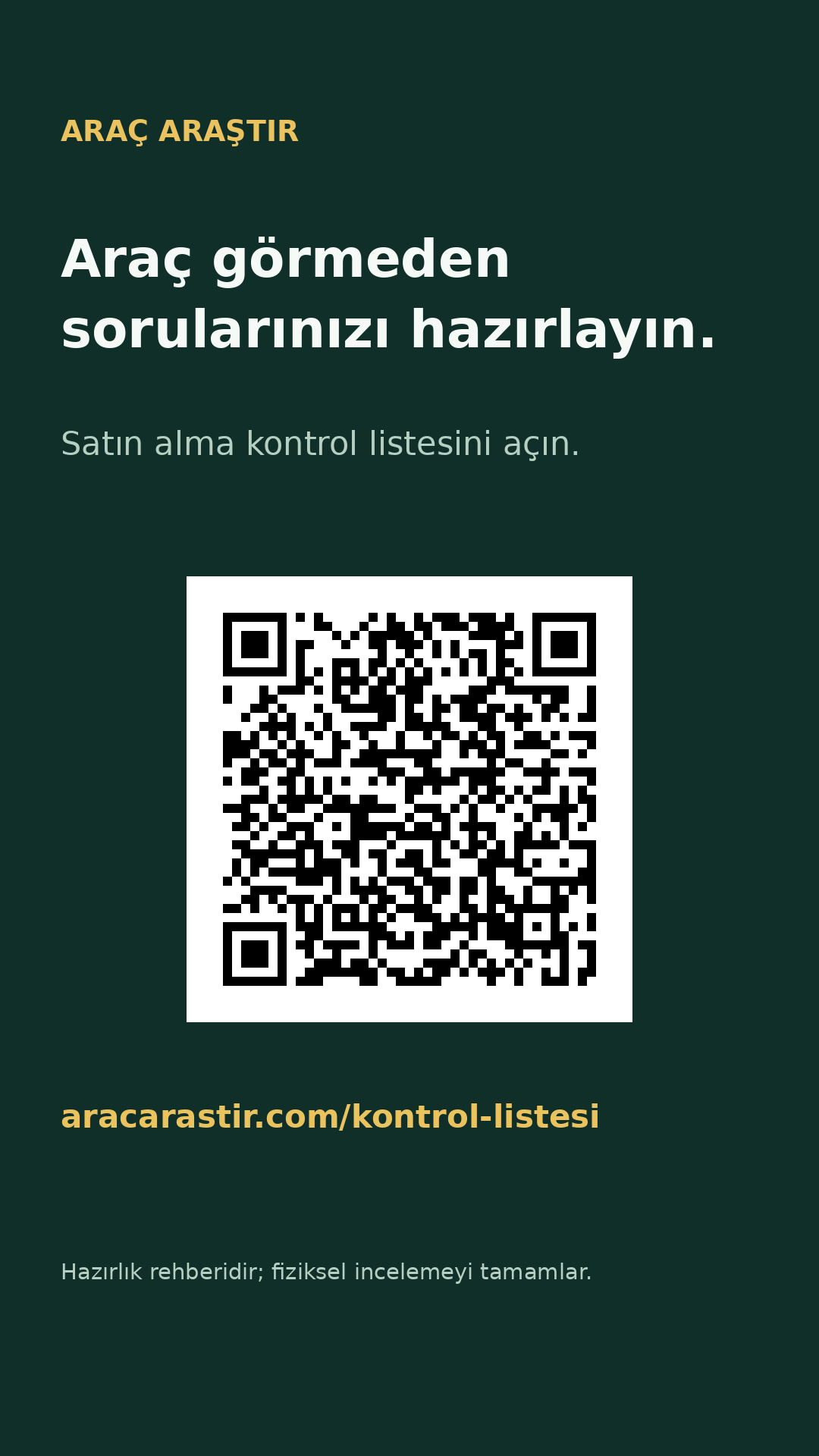 Satın alma kontrol listesine yönlendiren, Araç Araştır adresi ve QR kodu bulunan afiş.